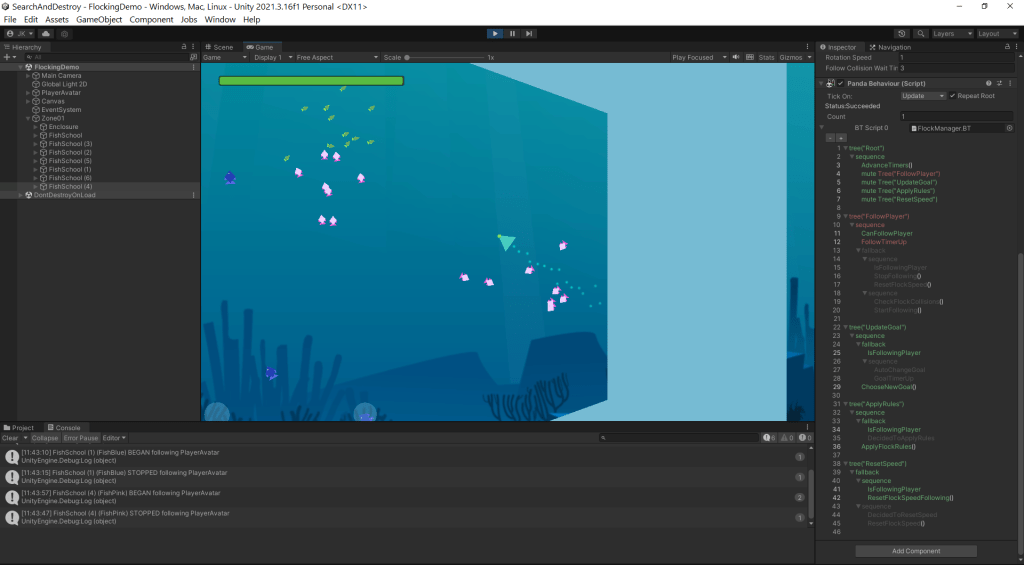 Behavior tree for fish "flock" in action on the right